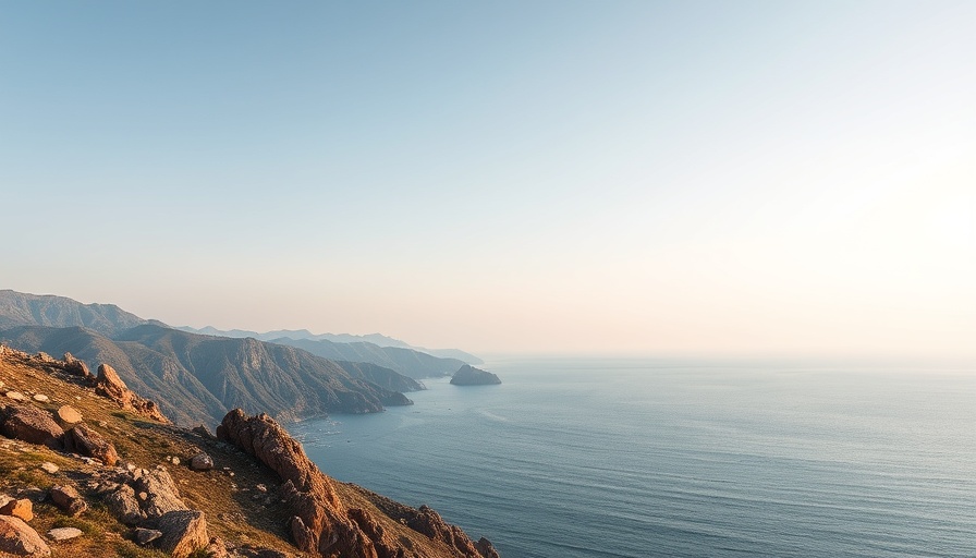 Rugged coastal hills and calm sea view, Bayraktar TB3 shipborne live-firing context.