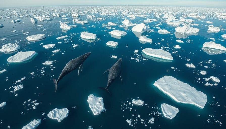 Aerial view of two whales in arctic waters surrounded by icebergs.