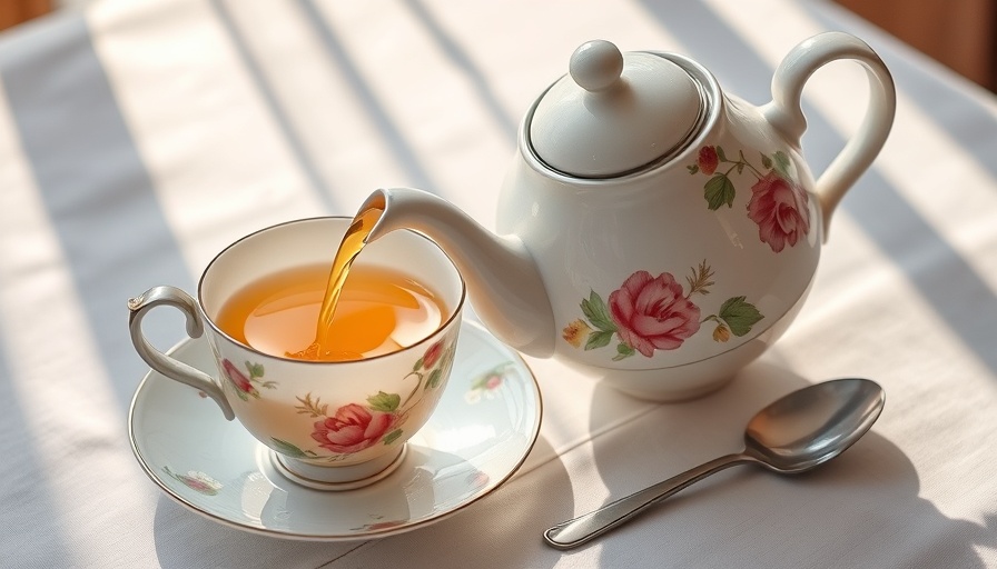 Ornate teapot pouring tea into floral cup on International Tea Day.