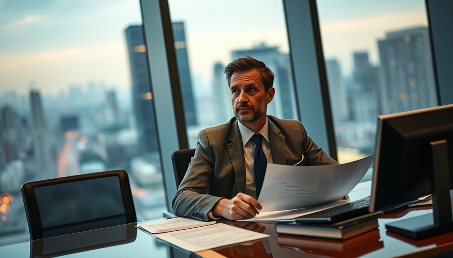 Business CEO at desk in modern office with cityscape backdrop.