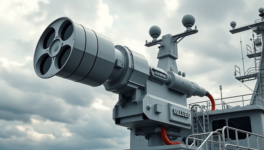 Kawasaki Naval Direct Energy Weapon on ship under cloudy sky.