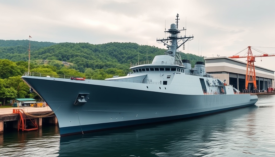 Modern naval ship docked for Malaysian Navy fleet renewal at shipyard.