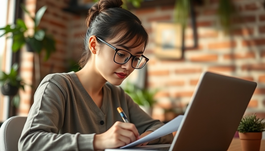 Young woman writing brand messaging sales copy in cozy office.