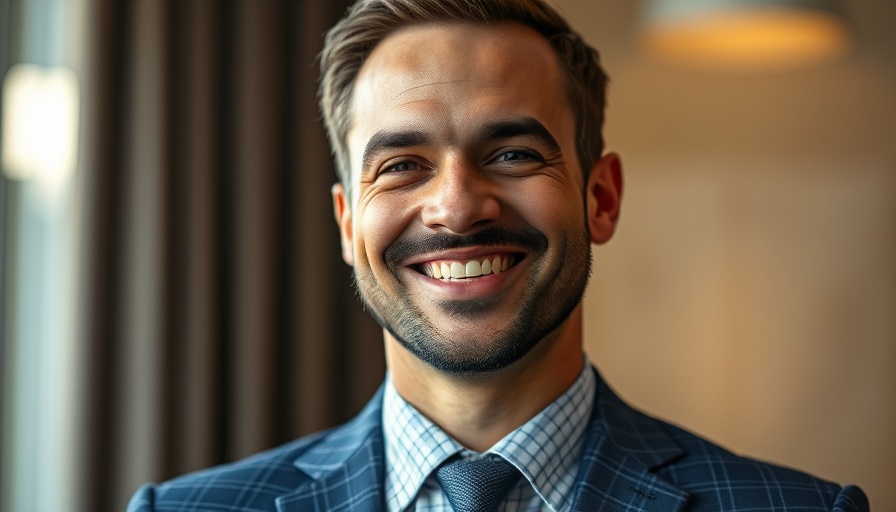 Confident smiling man in blue suit, AI-infused roll-ups context.