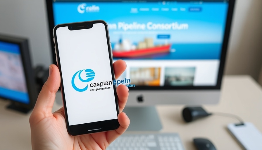Caspian Pipeline Consortium logo on smartphone against website with oil tanker.