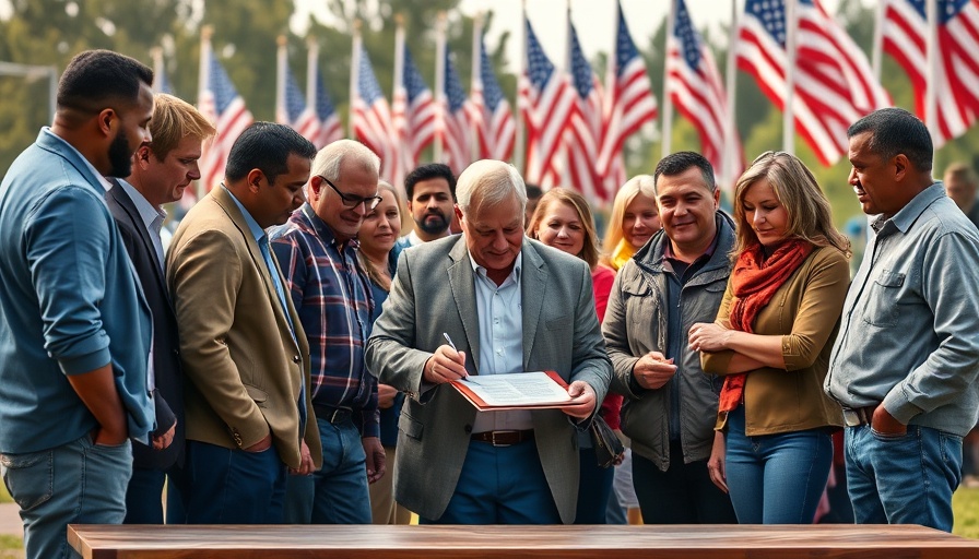 Group witnessing a signing ceremony in outdoor setting.