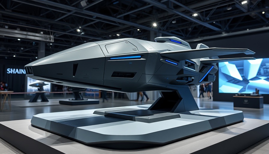 Futuristic drone carrier model in South Korea Drone Carrier Program exhibit.