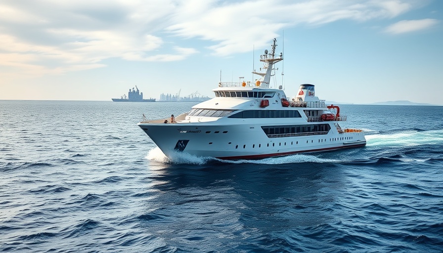 Offshore support vessel in calm waters under cloudy UK skies.