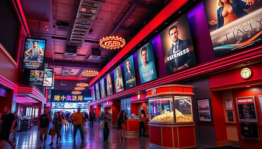 Lively movie theater lobby bustling with excitement and energy.