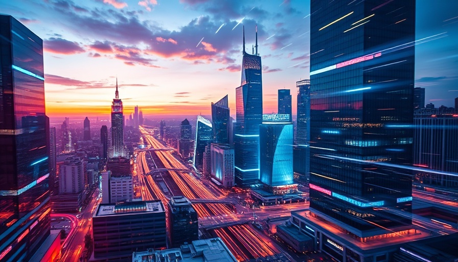 Futuristic cityscape with digital overlay for FEMA disaster relief
