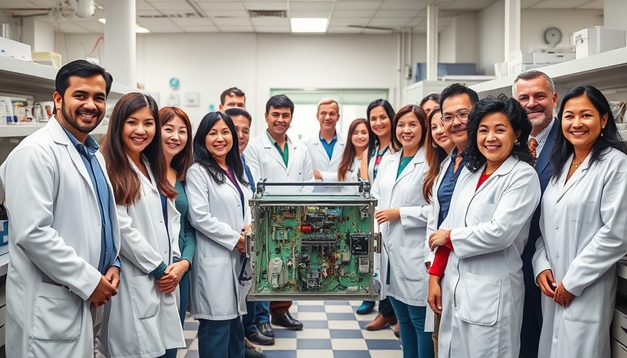 Diverse scientists in lab with sodium metal fuel cell, smiling.
