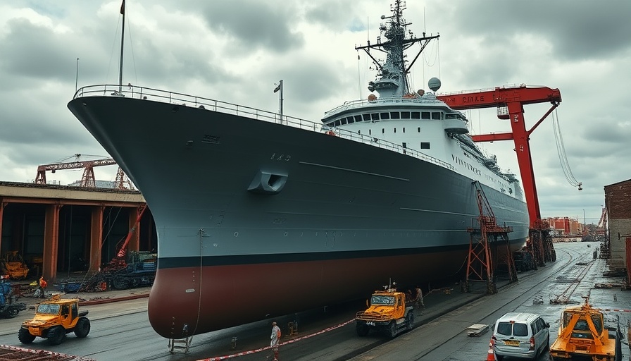 HMS Venturer being prepared for float-off at shipyard amidst a bustling dockyard.