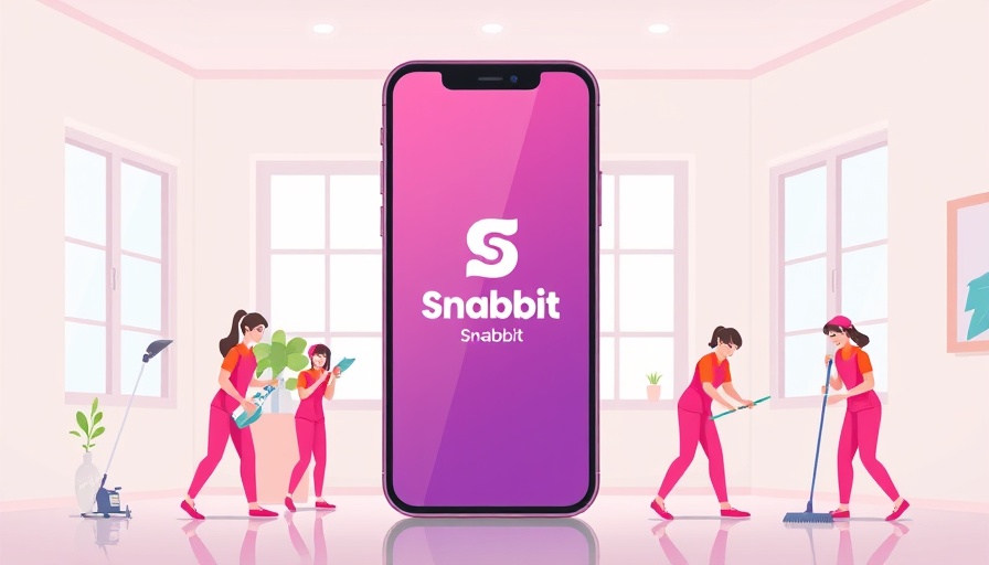 Illustration of disruptive home services technology with animated service workers and app.