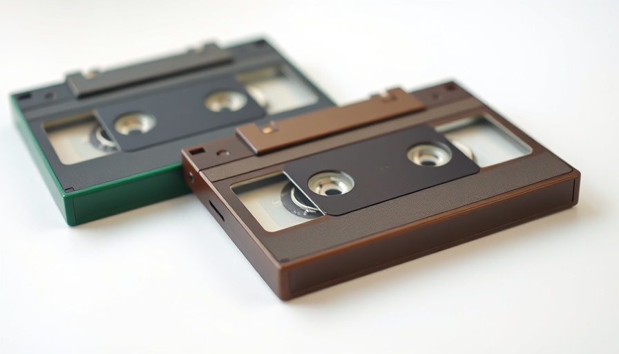 Close-up of LTO-10 magnetic tapes, green and brown, on white.
