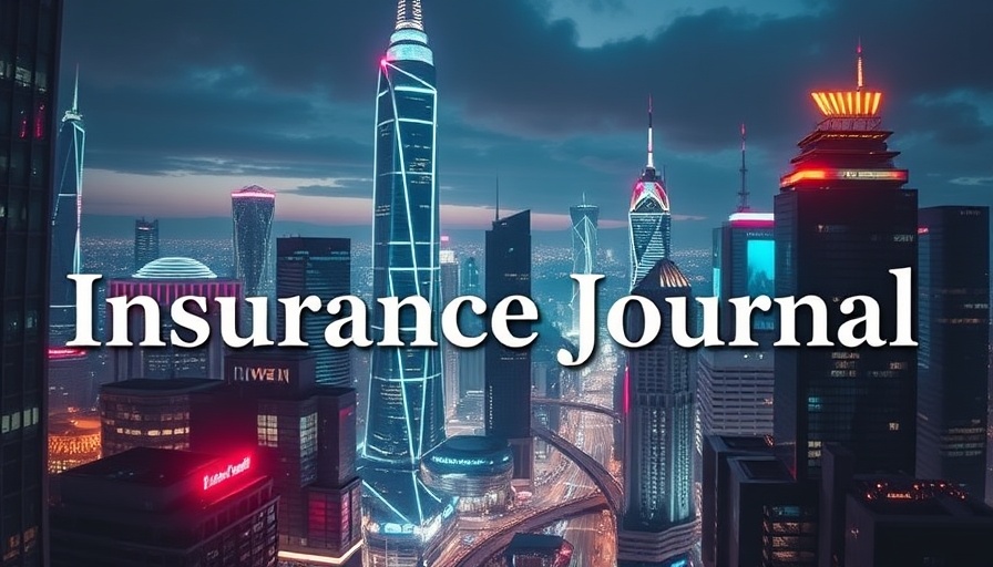 Futuristic cityscape with illuminated skyscrapers and 'Insurance Journal' text.