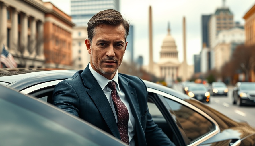 Elegant businessman leaving Washington in a sleek car with cityscape backdrop.