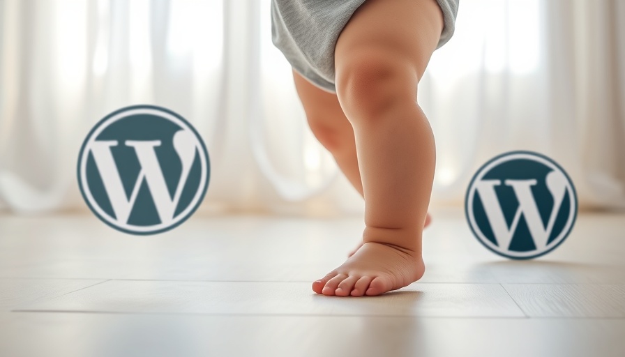 Baby taking first steps with WordPress logo, bright room.