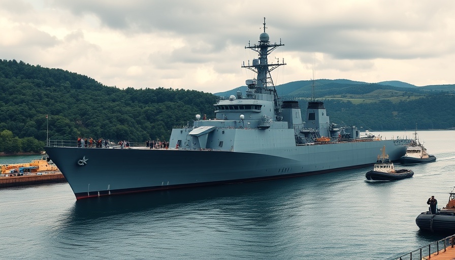 Delivery of HMCS Calgary: Warship docked with tugboat assistance.