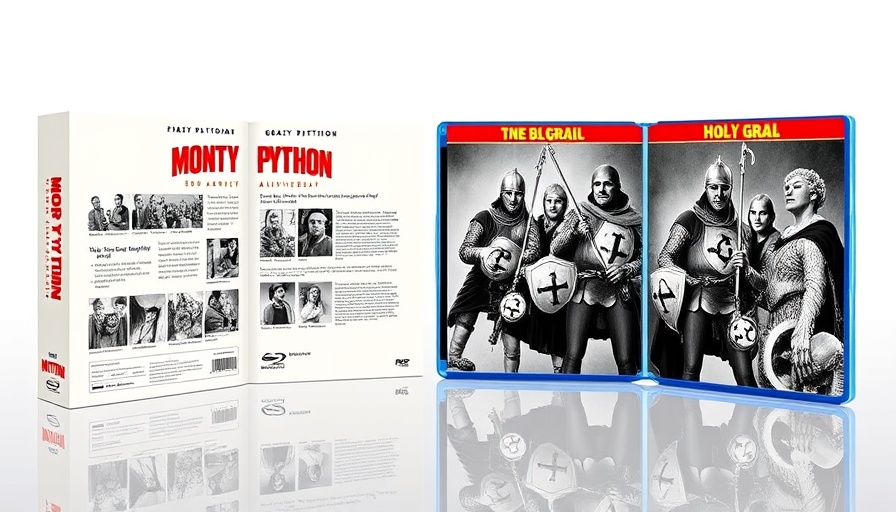 Monty Python 50th Anniversary 4K Blu-ray set displays iconic Holy Grail theme.