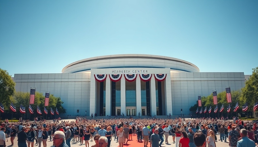 Kennedy Center vibrant MAGA makeover, red, white, and blue-themed.