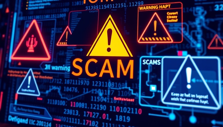 Digital interface warning of online scams, binary code background.