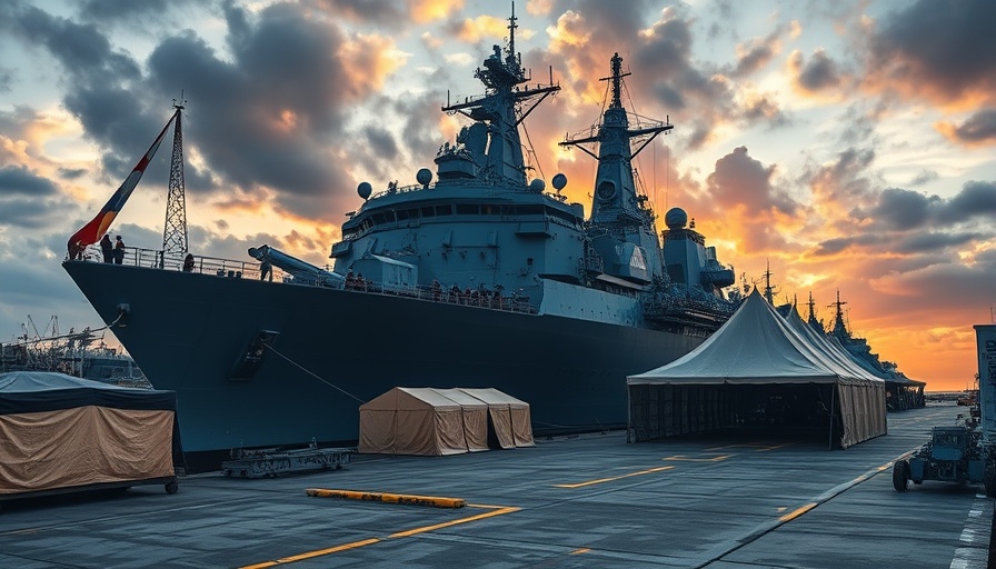 U.S. Navy warship docked for wartime repair drills at sunset.