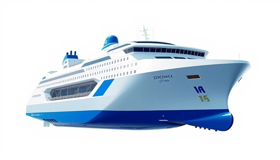 Futuristic zero-emission ultramax cargo ship with hydrogen propulsion.