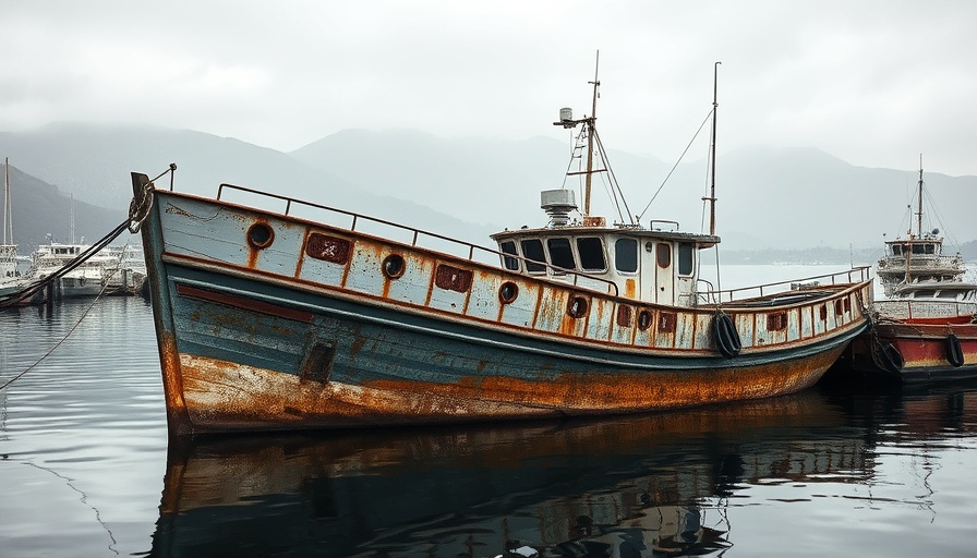 Aging rusted fishing boat partially submerged in a misty harbor.