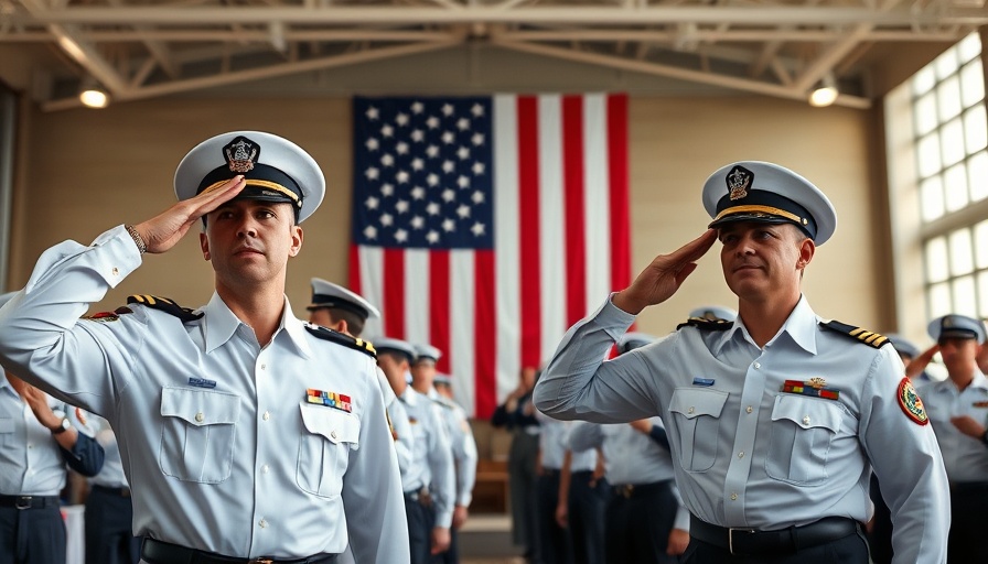 USCG officers saluting in front of American flag during indoor ceremony.