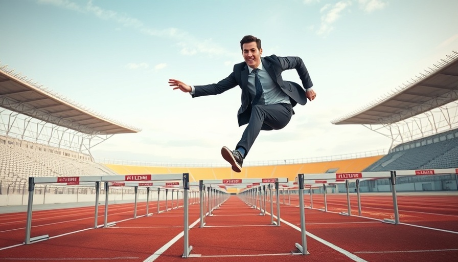 Businessman leaping hurdles on a track, symbolizing CMOs hurdles in 2025.