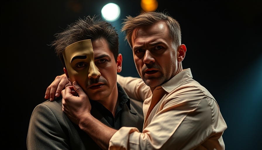 Expressive performers with a face mask in dramatic theater pose