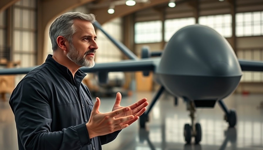 MQ-4C Triton UAV presentation with professional speaker in hangar.