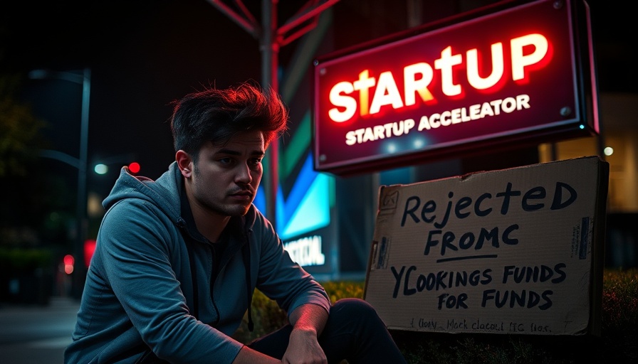 Disruptive startup culture, individual rejected, seeking funds at night.