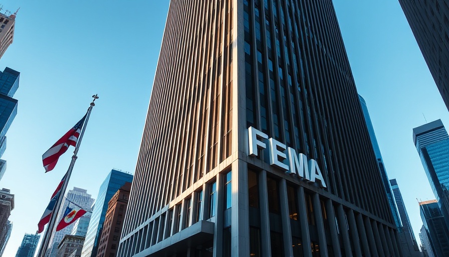 FEMA building with flags under a clear blue sky, representing theme of abolishing FEMA.