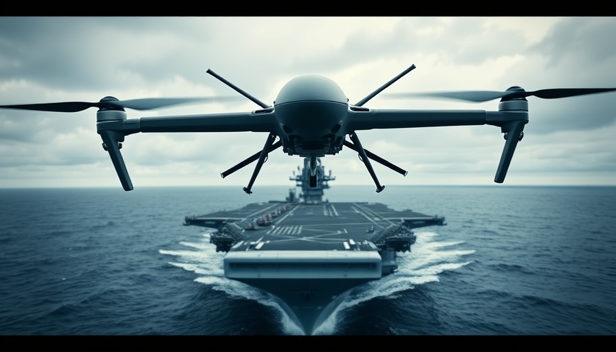 MQ-9B drone flying over aircraft carrier, showcasing AEW mission package.