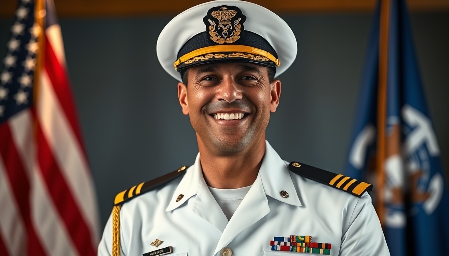 Admiral Caudle smiling warmly in uniform with flags in background.