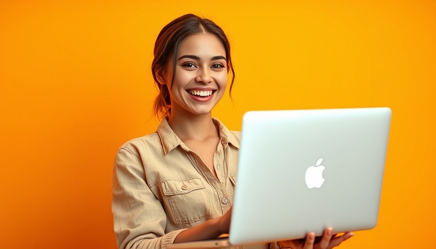 Smiling woman with laptop on vibrant orange backdrop.