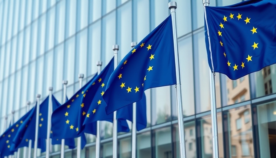 European Union flags waving symbolizing reliance on U.S. tech.