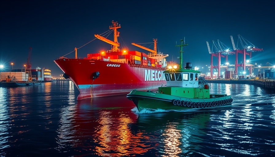 Great Lakes Towing tug assisting cargo ship at night on calm water.