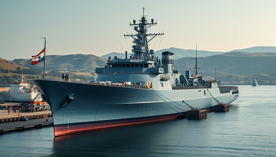 SK Oceanplant ROKS Gyeongbuk warship in dock, colorful flags, launch event.