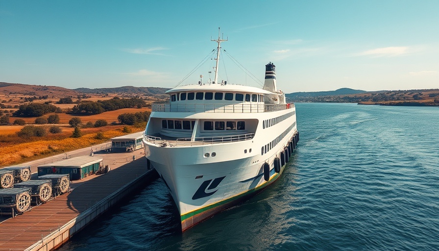 Electric ferry at dock departure, Danfoss iC7 Series, countryside, photorealistic.