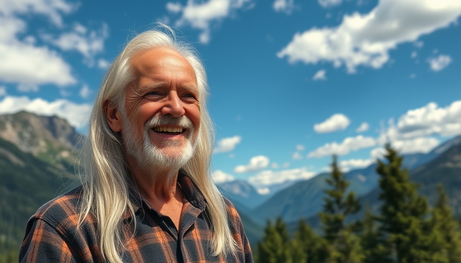 Smiling older individual in a scenic mountain landscape discussing SEO strategies.