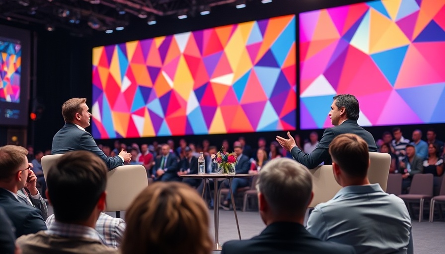 Dynamic conference discussion at Startup School with vivid backdrop.