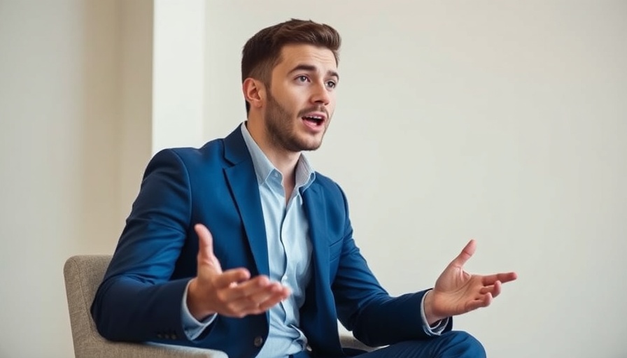 Man speaking energetically in blue suit indoors.