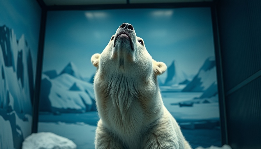 Captive polar bear in artificial arctic zoo exhibit, anthropocene illusion.