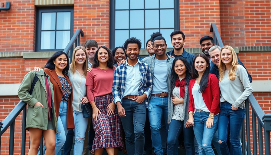 AI voice technology startup team posing in front of brick building.