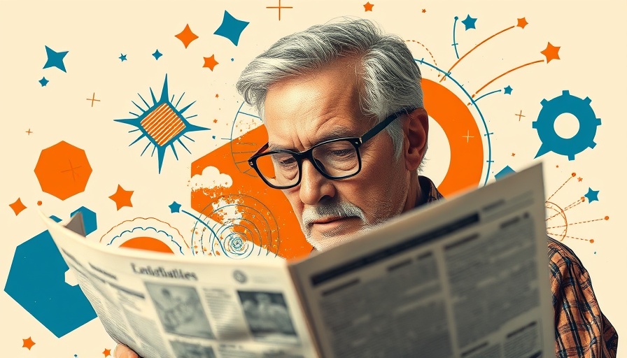 Stylish older man reading against a vibrant, abstract background.