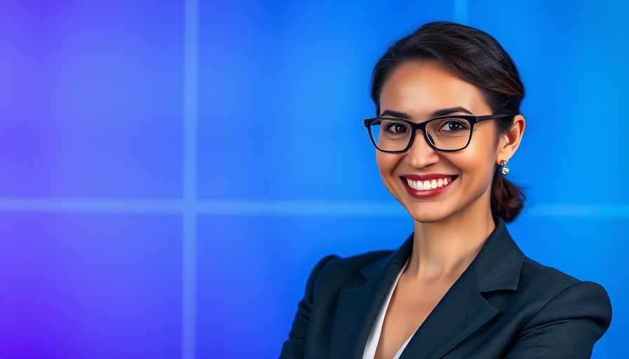 Professional businesswoman smiling with an abstract blue and purple background, compliance customer experience insurance.