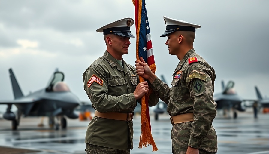 Marine Corps F-35B Squadron ceremony with officers exchanging a flag on a base.