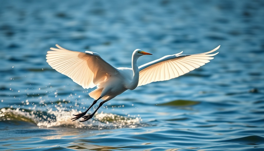 White egret taking flight over water, tracking avian influenza.